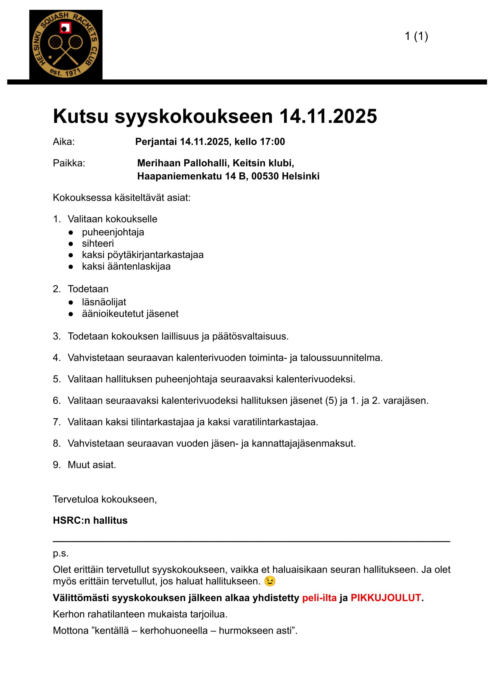 You are currently viewing Kutsu seuran syyskokoukseen 14.11.2025